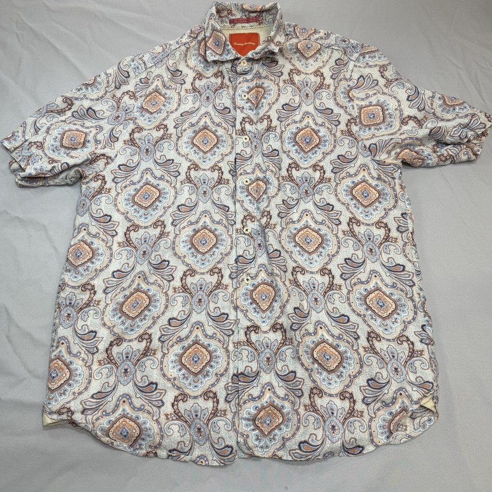 Tommy Bahama Shirt Mens L White Purple Paisley Abstract Linen Casual Summer